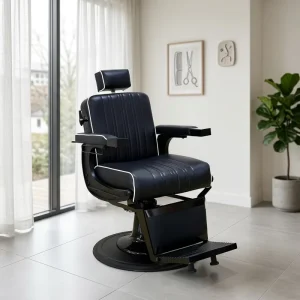 Modern Hydraulic Barber Chair Reclining 360 Swivel Black PU Leather Salon Styling Chair with White Piping for Barbershop
