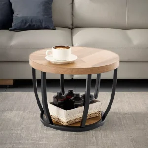 Modern Industrial 2 Tier Circle Stone Coffee Table Storage Shelves Adjustable Height 19.7″ Dia X 17.7″ H Metal Home Furniture