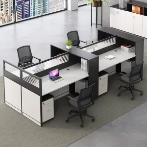 Modern Industrial 4 Person Office Cubicle Workstation L Shaped White Desk with Partition Panels Eco Friendly Modular Design