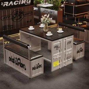 Modern Industrial Booth Seating Set Motorcycle Style Backrest Iron Frame Wood Tabletop for Commercial Cafe Bar Dining Furniture