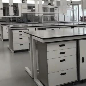 Modern Industrial C Frame White Lab Bench with Mobile Cabinet Heavy Duty Steel Epoxy Resin Anti corrosion for Hospital School