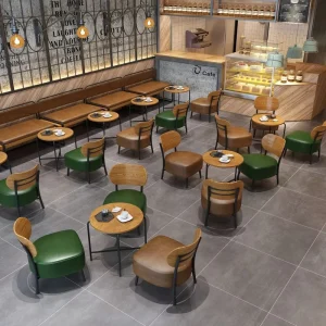 Modern Industrial Coffee Shop Furniture Set Round Wood Table Leather Dining Chairs Commercial Cafe Restaurant Table Chair Set