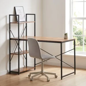 Modern Industrial Computer Desk with 4-Tier Bookshelf Metal Frame Wooden Top Home Office Writing Table