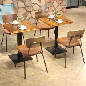 Modern Industrial Dining Chair Aluminum Frame with Wood Grain Backrest Tan PU Leather Upholstered Seat for Cafe Bistro
