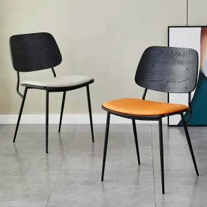 Modern Industrial Dining Chair with Wooden Backrest and Metal Legs Upholstered Seat Kitchen Chair