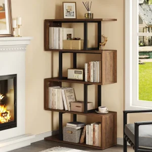 Modern Industrial Geometric Bookshelf Wooden and Metal S-Shaped Display Rack Customizable Living Room Storage Furniture