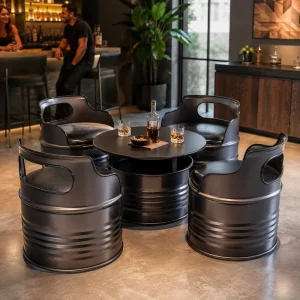 Modern Industrial Metal Beer Barrel Dining Furniture Set With Padded Seats for Bistro Cafe Blue Bar Table and Stool