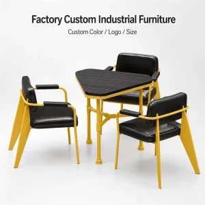 Modern Industrial Metal Cafe Bistro Table Set with 3 Cushion Chairs Black Wood Grain Top for Restaurant Mall Dining Spaces