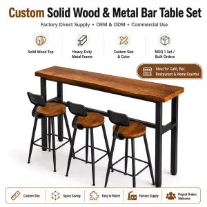 Modern Industrial Panel Bar Table and High Stool Set with Powder Coated Finish Metal Wood Dining Furniture for Cafe Home Bar