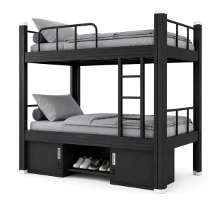 Modern Industrial Queen Size Hostel Heavy Duty Metal Double Decker Bunk Bed with Storage for Boys Dormitory