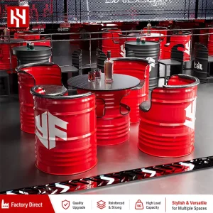 Modern Industrial Red Oil Drum Table Set with Storage Design Iron Frame Furniture for Hotel Bar Cafe Lounge Use