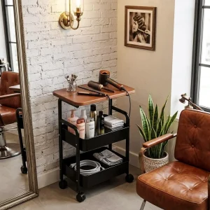 Modern Industrial Rolling Salon Cart 3 Tier Utility Trolley Wood Tabletop Metal Mesh Basket Mobile Storage for Barber Spa