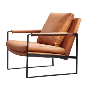 Modern Industrial Square Brown PU Leather Eco Friendly Single Seater Lounge Sofa 3 Year Warranty Black Metal Frame Living Room
