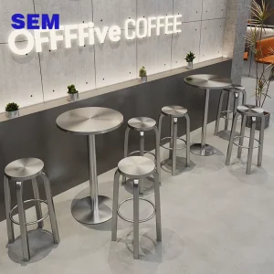 Modern Industrial Style Stainless Steel High Bar Table Chair Set for Coffee Shop and Dessert Snack Shops Popular High Stool