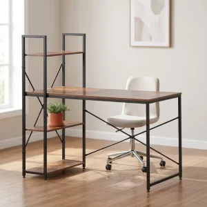 Modern Industrial Style Study Desk with Bookshelf Vintage Brown Wood Workstation with Black Metal Frame for Home Office