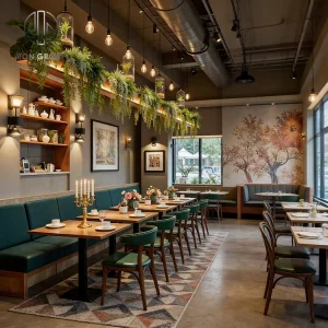 Modern Industrial Tea Cafe Restaurant Hotel Metal Leg Wood Table Wood Base Dark Green Leather Booth Seating Chair Furniture Set