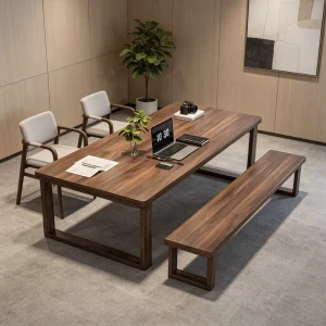 Modern Industrial Walnut Wood Dining Table Set with Bench and 2 Chairs Minimalist Meeting Table Office Conference Desk Furniture