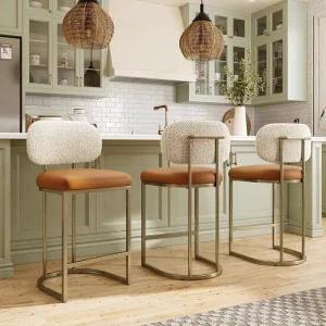 Modern Iron Frame Counter Height Bar Stools Fabric Backrest PU Leather Seat Kitchen Island Bar Chairs Metal Base Bar Stool