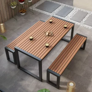 Modern Iron and Wood Outdoor Dining Table with Bench and Chairs for Hotel Restaurant Coffee Shop Commercial Use