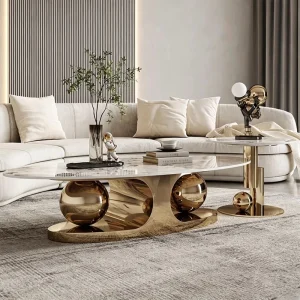 Modern Italian Coffee Table Set Spherical Base Oval Side Table for Living Rooms Luxury Decor for Upscale Home Interior Space