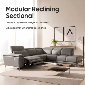 Modern Italian Leather Modular Reclining Sectional L Shaped Sofa Set with Sofa Bed for Apartment and Hotel Use