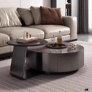 Modern Italian Light Luxury Circular Rock Coffee Table with Drawers Matching TV Cabinet Creative Home Living Room Combination