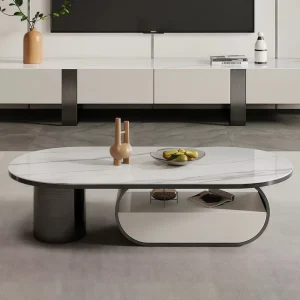 Modern Italian Light Luxury Oval Rock Slab Coffee Table with Drawers Matching TV Cabinet for Home Living Room Combination