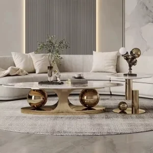 Modern Italian Light Luxury Style Oval Stainless Steel Marble Coffee Table Eco Friendly Design Durable Build Easy Assembly