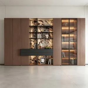 Modern Italian Luxury Custom Bookshelf Floor Mount Fluted Glass LED Lighting Space Saving Living Room Bedroom Dining Library