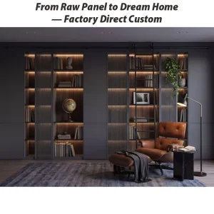 Modern Italian Luxury Custom Bookshelf Library System with Rolling Ladder and Hinged Door LED Lighting Wall Unit for Workshop