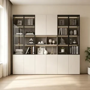 Modern Italian Luxury Custom Bookshelf Wall Unit Fluted Glass LED Lighting Space Saving Bedroom Dining Living Room Library