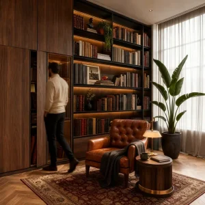 Modern Italian Luxury Custom Bookshelf Wall Unit with LED Lighting Dark Wood Grain Library Furniture Set Villa Project