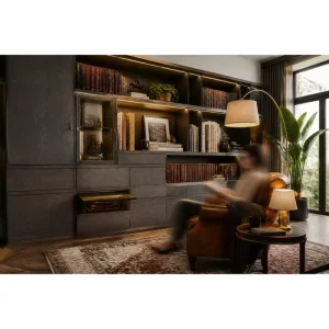 Modern Italian Luxury Custom Bookshelf Wall Unit with LED Lighting Dark Wood Library Furniture Set for Villa Office Project