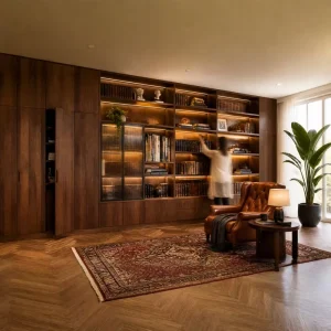 Modern Italian Luxury Custom Bookshelf Wall Unit with LED Lighting Dark Wood Library Furniture Set for Villa Office Project