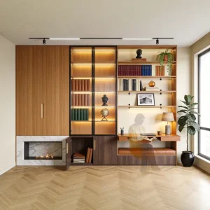 Modern Italian Luxury Custom Bookshelf with Integrated Desk LED Lighting Fireplace Wall Unit Library Furniture Set Project