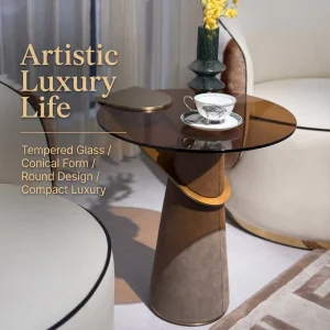 Modern Italian Luxury Smoked Glass Conical Suede Spiral Stainless Steel Band Chair Accent Side Table Home Furniture