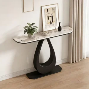 Modern Italian Style Light Luxury Small Console Table with Metal Frame Slate Top for Living Room Bedroom Hotel Entrance Hall
