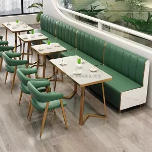 Modern Jaguar Green Leather Soft Restaurant Booth Seating Set with Gold Trim & Dining Chairs for Cafe and Villa