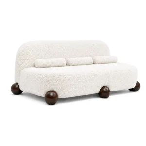Modern Japandi Boucle Sofa Luxury Upholstered Cloud Couch with Large Wood Sphere Legs for Villa Hotel Living Room Project