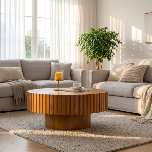 Modern Japandi Round Coffee Table With Fluted Wood Design for Luxury Living Room and Boutique Hotel Lounge Decor