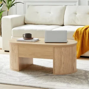 Modern Japanese Design Extendable Oval Oak Natural Wooden Fluted Lift Top Coffee Table Hidden Living Room Furniture