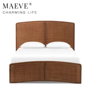 Modern Japanese Luxury Oak Solid Wood Bed Frame Woven Rattan Headboard Queen Size Master Bedroom Set Luxury Hotel Furniture