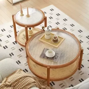 Modern Japanese Solid Wood Rattan Woven Glass Top Durable Eco Friendly Coffee Table for Balcony Living Room Small Apartment