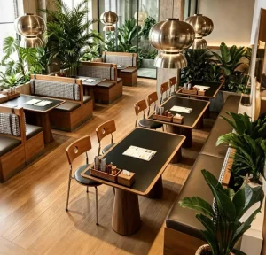 Modern Japanese Style Restaurant Furniture Set Solid Wood Dining Booth Seating and Pedestal Tables with Chairs for Cafe Shop