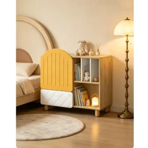 Modern Kids Open Closed Storage Cabinet Oak Toy Organizer with Arched Yellow Door White Drawer