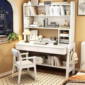 Modern Kids Study Desk With Bookshelf and Hutch Children Study Table and Chair Cute Student Writing Desk for Bedroom Playroom