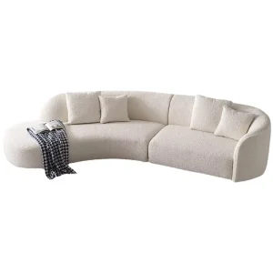Modern L Shape Curved Two Seat Sectional Sofa White Boucle Fabric Extendable Leg Rest Sponge Filled Wood Leg Living Room