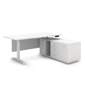 Modern L Shape Electric Height Adjustable Standing Desk with Drawer White Metal Adjustable Desk Frame