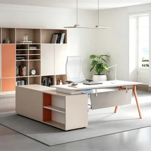 Modern L Shape Office Desk with Side Cabinet and Orange Legs for Home Office Furniture