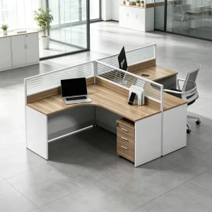 Modern L Shape Office Staff Cubicle With Privacy Glass Partition Ergonomic Workstation With Rolling Storage Cabinet